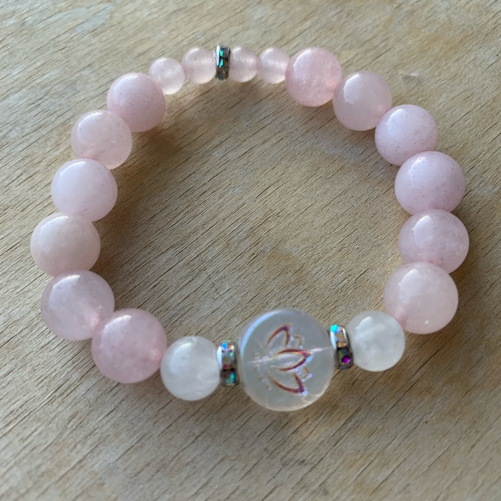 Handmade Rose Quartz Lotus Etched Stretch Bracelet Healing Crystal Gemstone Boho